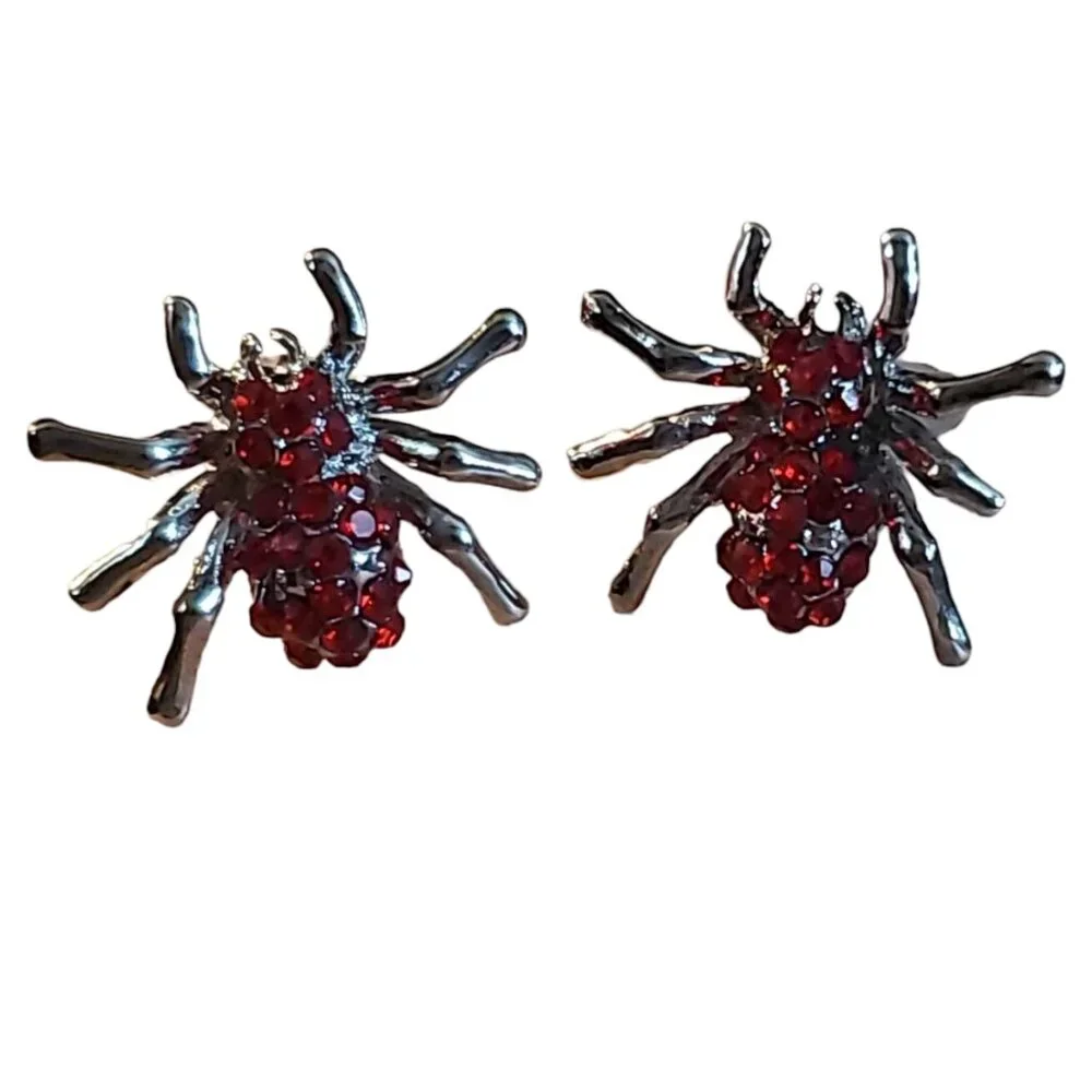 NWT Silver Plated Spider Cufflinks - Bright Red Rhinestones Halloween Gift Goth